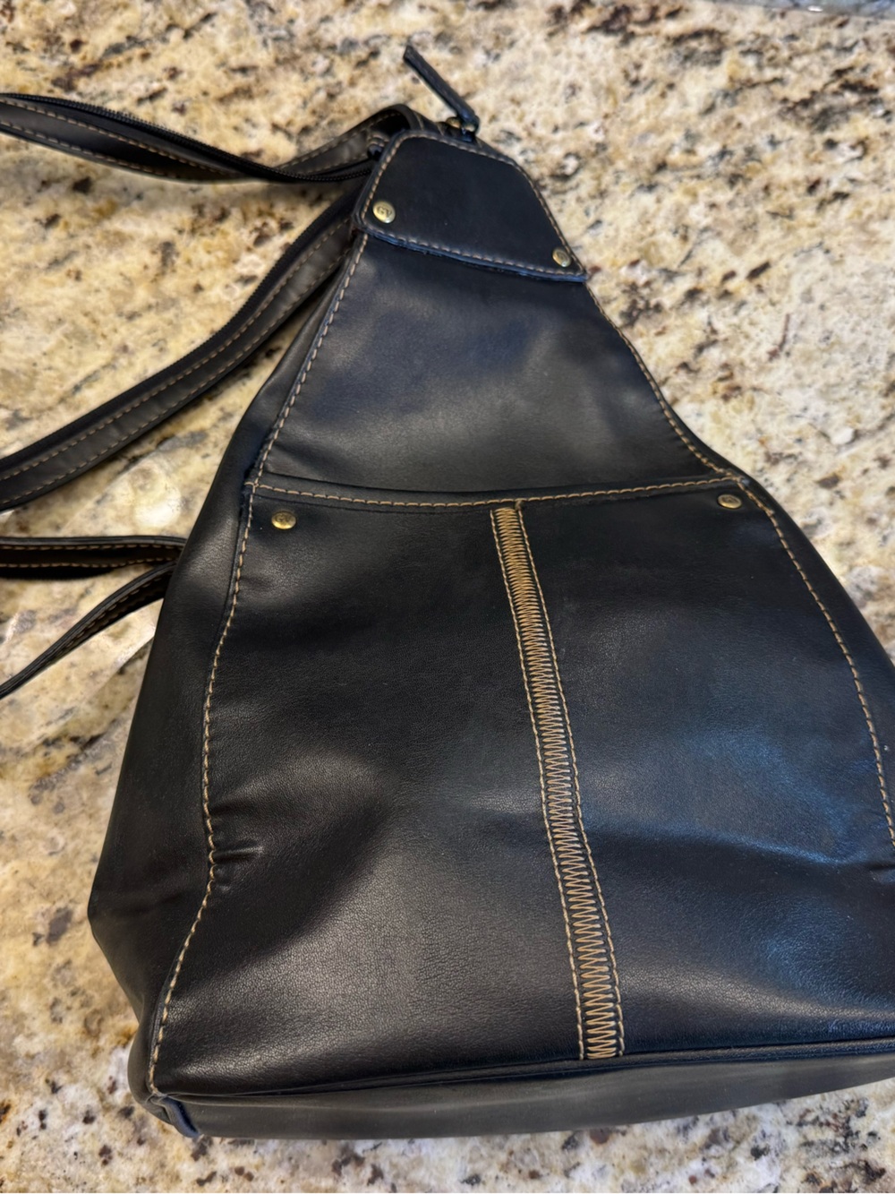 Gloria Vanderbilt Black Leather Sling Backpack with Tan Stitching